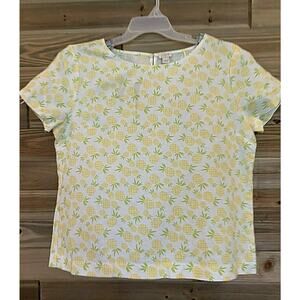 J.CREW Linen Top Short Sleeve Blouse Pineapple Print Women's Sz L -MSRP 64.50$